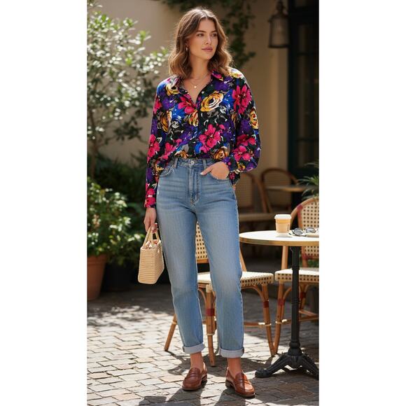 80s Jewel Bloom Floral Rayon Blouse S |Vintage Statement Top Hong Kong - Picture 3 of 10